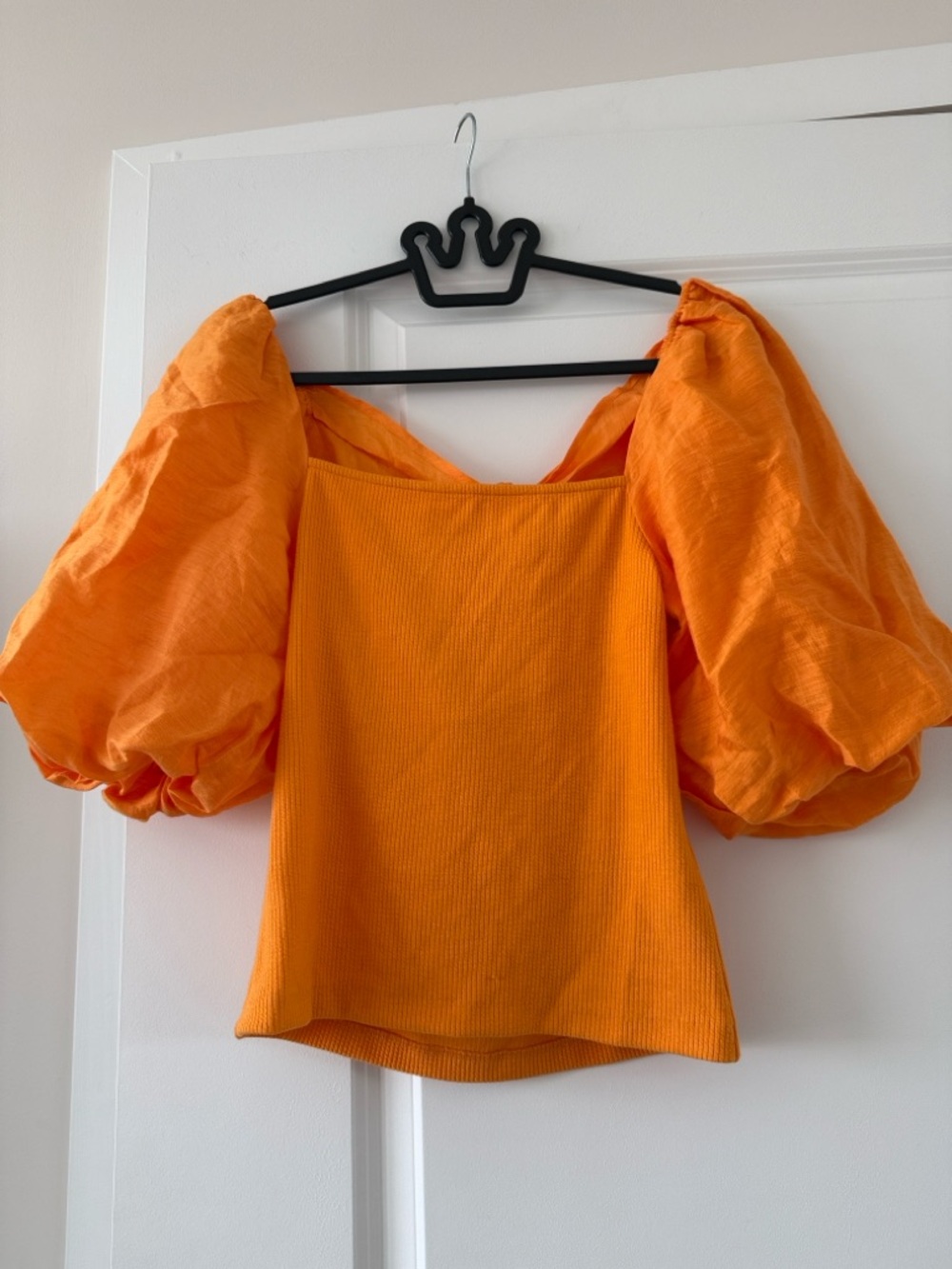 Sandro Bright Orange Puff-Sleeve Square Neck Top